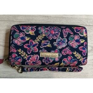 Simply Southern Navy Quilted Floral Butterfly Zip Around Wallet Wristlet EUC
